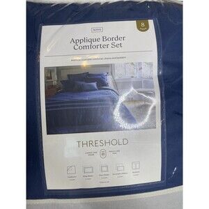 8pc Queen Applique Border Comforter Set Navy/Blue - Threshold: Embroidered,